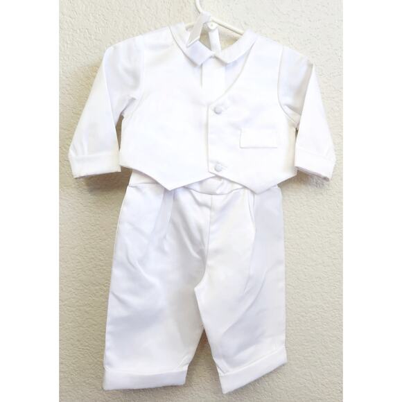 White 3 Pc Dress Pants and Shirt & Vest Combo With Bonnet 6-9 Months Lightweight - Picture 1 of 4